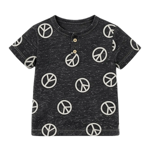 Charcoal Peace Print Kids T-Shirt – Soft Cotton Henley Summer Wear for Boys BloomUp
