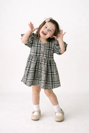 Black Checkered Puff Sleeve Kids Dress – Soft Cotton Summer Wear for Girls BloomUp