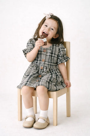 Black Checkered Puff Sleeve Kids Dress – Soft Cotton Summer Wear for Girls BloomUp