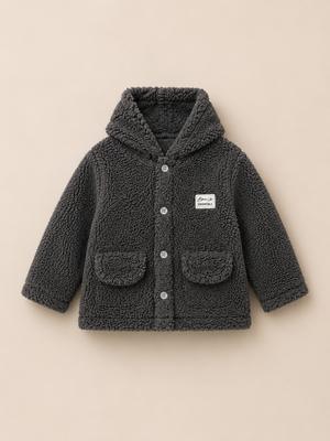 Charcoal Grey Sherpa Hooded Jacket for Baby Boys & Girls – Soft Fleece Winter Wear BloomUp