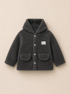 BloomUp Charcoal Grey Sherpa Hooded Jacket for Baby Boys & Girls – Soft Fleece Winter Wear