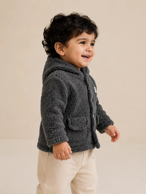 BloomUp Charcoal Grey Sherpa Hooded Jacket for Baby Boys & Girls – Soft Fleece Winter Wear