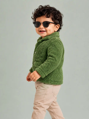 BloomUp Green Teddy Fleece Hooded Jacket for Kids – Ultra Soft Winter Button Coat with Pockets Warm Cozy Outerwear