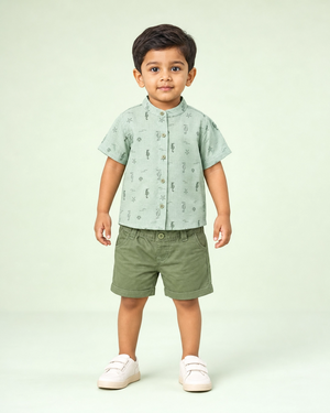 Boys Tea Green Printed Shirt & Shorts Set Kidswear Cotton BloomUp