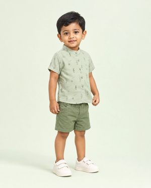 Boys Tea Green Printed Shirt & Shorts Set Kidswear Cotton BloomUp