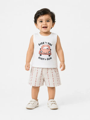 BloomUp Off White 3-Piece Printed Shirt, Graphic T-Shirt & Shorts Set for Boys – Casual Summer Outfit