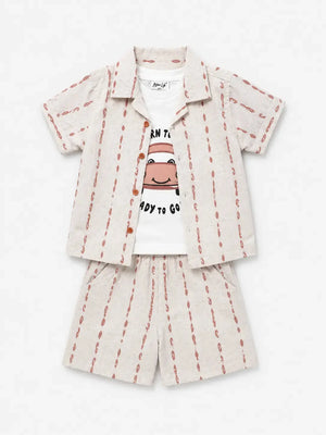 BloomUp Off White 3-Piece Printed Shirt, Graphic T-Shirt & Shorts Set for Boys – Casual Summer Outfit