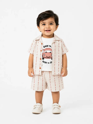 BloomUp Off White 3-Piece Printed Shirt, Graphic T-Shirt & Shorts Set for Boys – Casual Summer Outfit