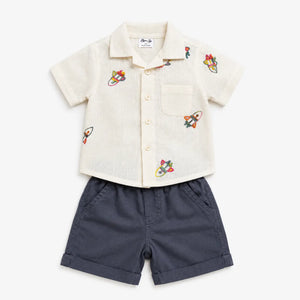 BloomUp Off White Embroidered Shirt & Charcoal Shorts Set for Boys – Casual Summer Outfit