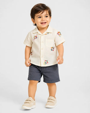 BloomUp Off White Embroidered Shirt & Charcoal Shorts Set for Boys – Casual Summer Outfit