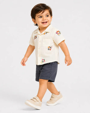 BloomUp Off White Embroidered Shirt & Charcoal Shorts Set for Boys – Casual Summer Outfit