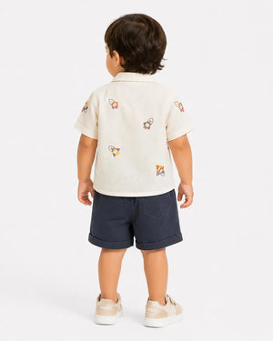 BloomUp Off White Embroidered Shirt & Charcoal Shorts Set for Boys – Casual Summer Outfit