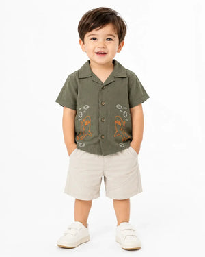BloomUp Olive Green Embroidered Shirt & Shorts Set for Boys – Soft Cotton Casual Summer Outfit