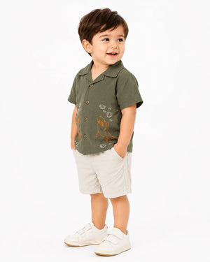 BloomUp Olive Green Embroidered Shirt & Shorts Set for Boys – Soft Cotton Casual Summer Outfit