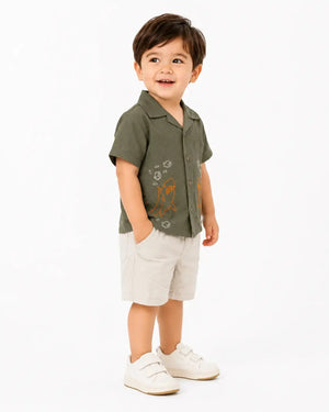 BloomUp Olive Green Embroidered Shirt & Shorts Set for Boys – Soft Cotton Casual Summer Outfit
