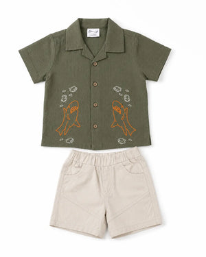 BloomUp Olive Green Embroidered Shirt & Shorts Set for Boys – Soft Cotton Casual Summer Outfit