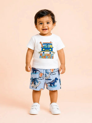 BloomUp White Summer Paradise T-Shirt & Dinosaur Print Shorts Set for Boys – Fun Casual Summer Outfit