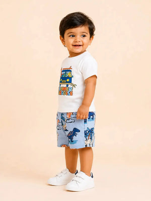 BloomUp White Summer Paradise T-Shirt & Dinosaur Print Shorts Set for Boys – Fun Casual Summer Outfit