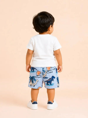 BloomUp White Summer Paradise T-Shirt & Dinosaur Print Shorts Set for Boys – Fun Casual Summer Outfit