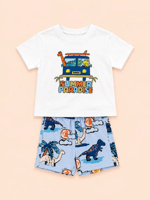 BloomUp White Summer Paradise T-Shirt & Dinosaur Print Shorts Set for Boys – Fun Casual Summer Outfit