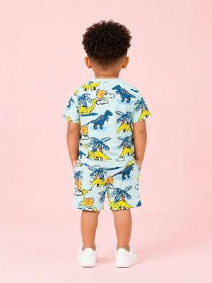 Sky Blue Dinosaur Print T-Shirt & Shorts Co-ord Set for Boys – Fun Casual Summer Outfit BloomUp