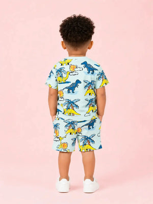 BloomUp Sky Blue Dinosaur Print T-Shirt & Shorts Co-ord Set for Boys – Fun Casual Summer Outfit