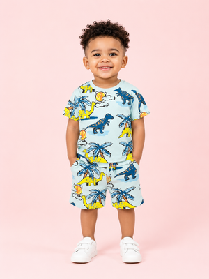 Sky Blue Dinosaur Print T-Shirt & Shorts Co-ord Set for Boys – Fun Casual Summer Outfit BloomUp
