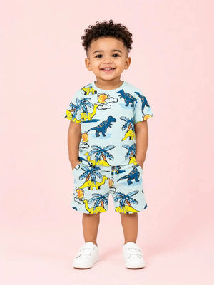 BloomUp Sky Blue Dinosaur Print T-Shirt & Shorts Co-ord Set for Boys – Fun Casual Summer Outfit