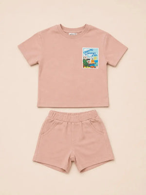BloomUp Pink Seaside Graphic T-Shirt & Shorts Set for Toddlers – Soft Cotton Summer Wear