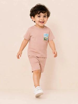 BloomUp Pink Seaside Graphic T-Shirt & Shorts Set for Toddlers – Soft Cotton Summer Wear