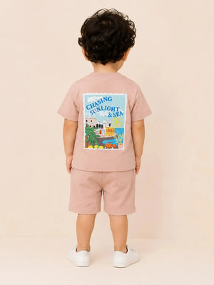 BloomUp Pink Seaside Graphic T-Shirt & Shorts Set for Toddlers – Soft Cotton Summer Wear