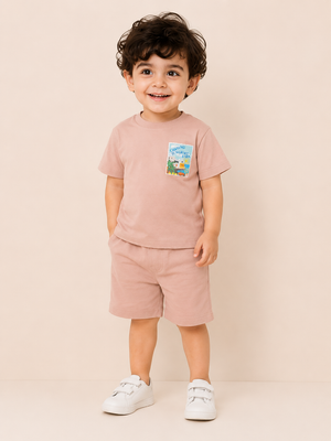 Pink Seaside Graphic T-Shirt & Shorts Set for Toddlers – Soft Cotton Summer Wear BloomUp