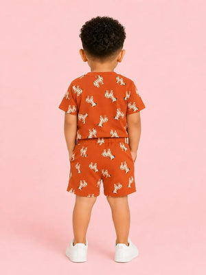 BloomUp Burnt Orange Zebra Print Unisex Co-ord Set for Kids – Soft Cotton Casual Summer Outfit