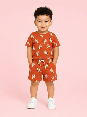 BloomUp Burnt Orange Zebra Print Unisex Co-ord Set for Kids – Soft Cotton Casual Summer Outfit