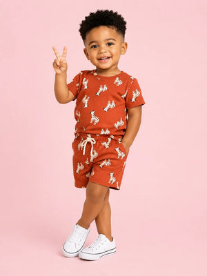 BloomUp Burnt Orange Zebra Print Unisex Co-ord Set for Kids – Soft Cotton Casual Summer Outfit