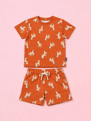 BloomUp Burnt Orange Zebra Print Unisex Co-ord Set for Kids – Soft Cotton Casual Summer Outfit