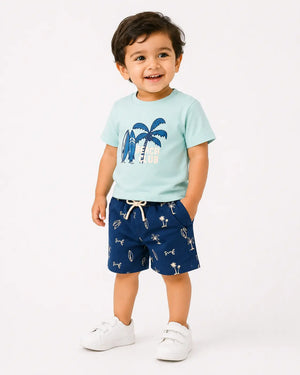 BloomUp Mint Beach Club T-Shirt & Navy Printed Shorts Set for Boys – Casual Summer Outfit