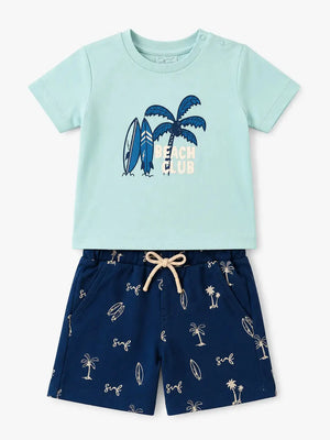BloomUp Mint Beach Club T-Shirt & Navy Printed Shorts Set for Boys – Casual Summer Outfit