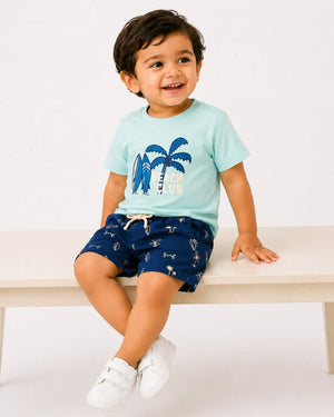 BloomUp Mint Beach Club T-Shirt & Navy Printed Shorts Set for Boys – Casual Summer Outfit