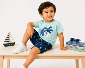 BloomUp Mint Beach Club T-Shirt & Navy Printed Shorts Set for Boys – Casual Summer Outfit