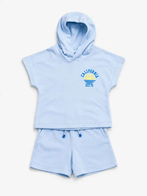 BloomUp Sky Blue Hooded T-Shirt & Shorts Co-ord Set for Boys – Soft Casual Summer Outfit