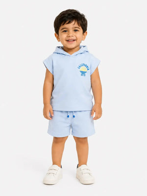 BloomUp Sky Blue Hooded T-Shirt & Shorts Co-ord Set for Boys – Soft Casual Summer Outfit