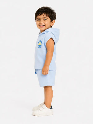 BloomUp Sky Blue Hooded T-Shirt & Shorts Co-ord Set for Boys – Soft Casual Summer Outfit