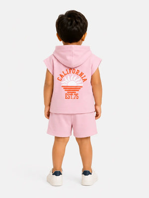 BloomUp Pink Hooded T-Shirt & Shorts Co-ord Set for Boys – Soft Cotton Casual Summer Outfit