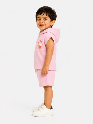 BloomUp Pink Hooded T-Shirt & Shorts Co-ord Set for Boys – Soft Cotton Casual Summer Outfit