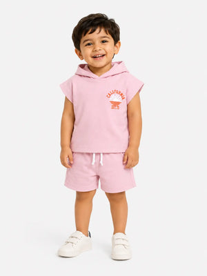 BloomUp Pink Hooded T-Shirt & Shorts Co-ord Set for Boys – Soft Cotton Casual Summer Outfit