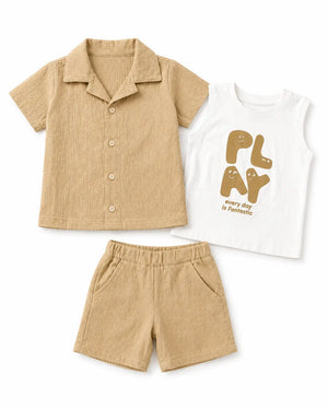 BloomUp Beige 3-Piece Shirt, T-Shirt & Shorts Co-ord Set for Boys – Casual Summer Outfit