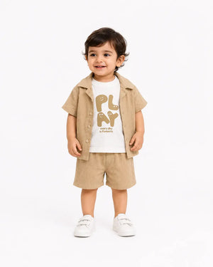 BloomUp Beige 3-Piece Shirt, T-Shirt & Shorts Co-ord Set for Boys – Casual Summer Outfit
