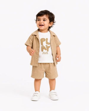 BloomUp Beige 3-Piece Shirt, T-Shirt & Shorts Co-ord Set for Boys – Casual Summer Outfit