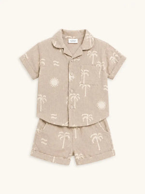 BloomUp Beige Tropical Print Shirt & Shorts Co-ord Set for Boys – Soft Cotton Casual Summer Outfit